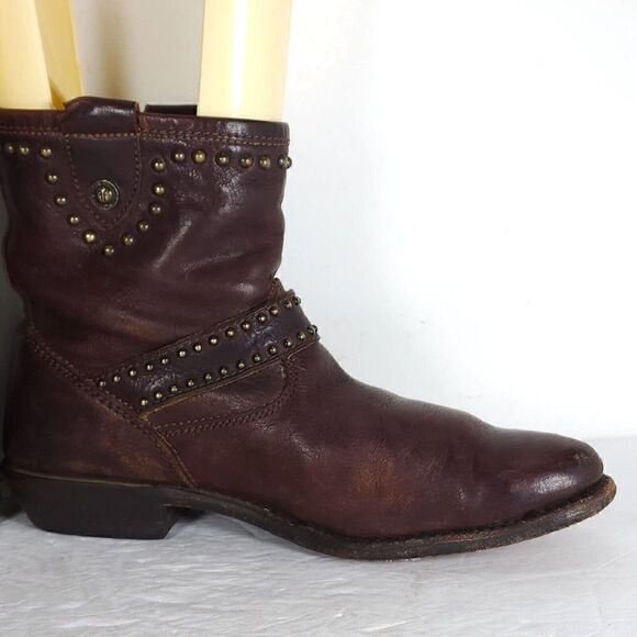 Frye Women's US 8B Brown Leather Studded Strap ankle Western Boots Booties - Picture 8 of 14